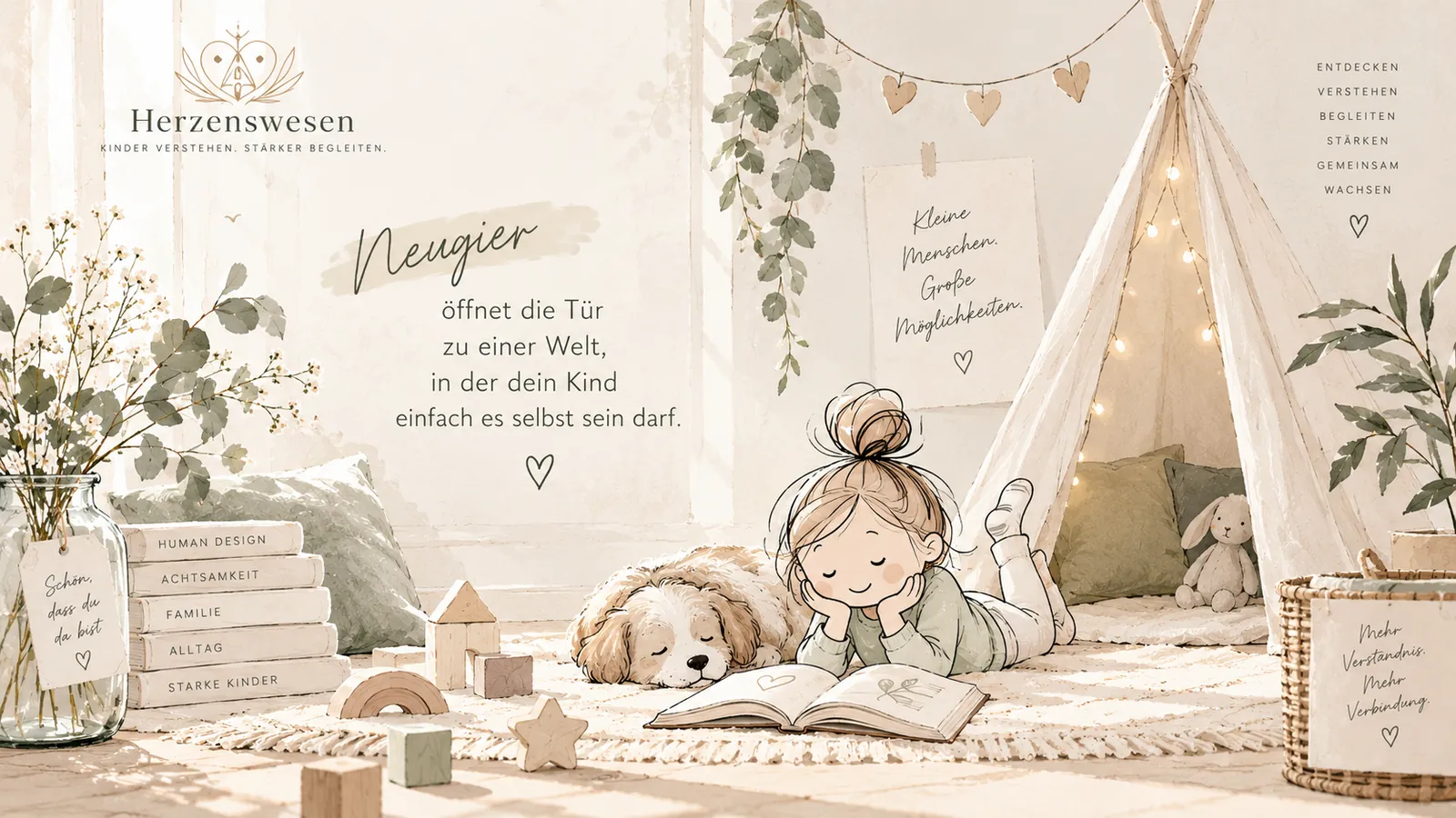 Illustration: Kind liegt lesend mit Hund vor einem Zelt in einem gemütlichen Kinderzimmer