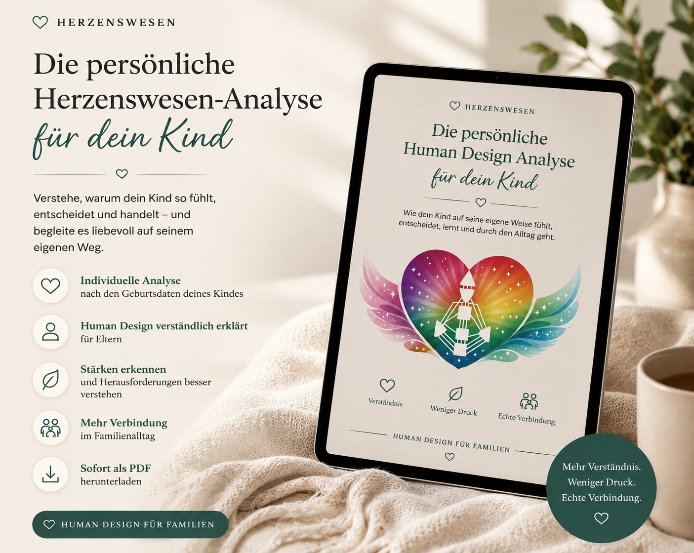 Die individuelle Herzenswesen-Analyse für dein Kind – Human Design Analyse als PDF, dargestellt auf einem Tablet