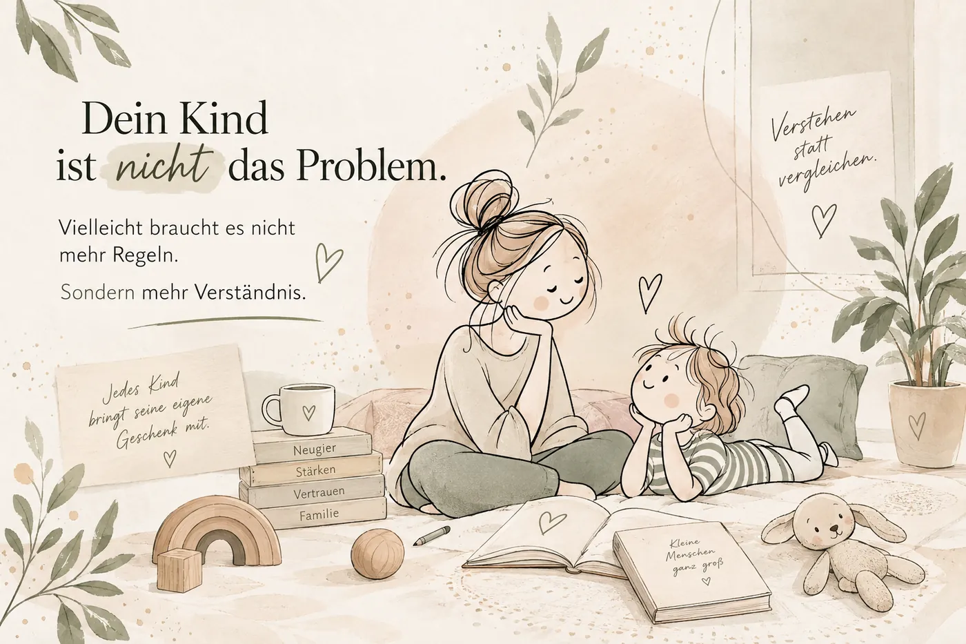 Illustration: Mutter und Kind sitzen entspannt zusammen und schauen sich ein Buch an