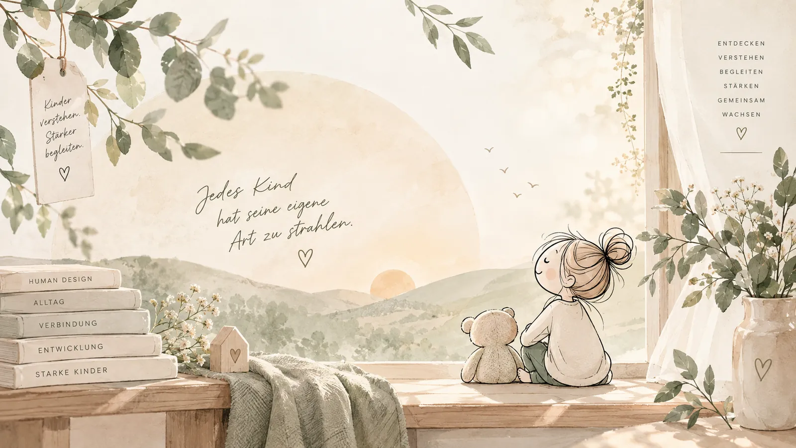 Illustration: Kind sitzt mit Teddybär am Fenster und blickt auf eine Hügellandschaft bei Sonnenuntergang